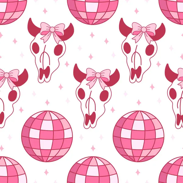 Pembe inek kafatasları ve pembe disko toplarıyla süslenmiş kusursuz desenler. Arka planlar için eğlenceli, kız işi ve moda tasarımı.