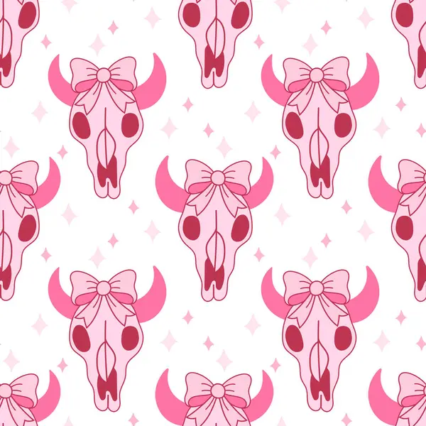 Pembe inek kafatası ve fiyonklu kusursuz desen. Moda, arka plan ve canlı tasarımlar için eğlenceli batı estetiği.