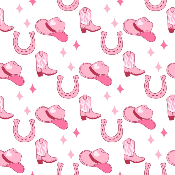 Kusursuz pembe desenli, kovboy şapkalı, alev çizmeli ve at nallı. Arkaplan ve tasarım elementleri için eğlenceli, kız işi batı teması.