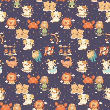 On iki zodyak işaretinin hepsinin tuhaf ve pürüzsüz deseni koyu bir arka planda çocuk dostu çizgi film tarzında..