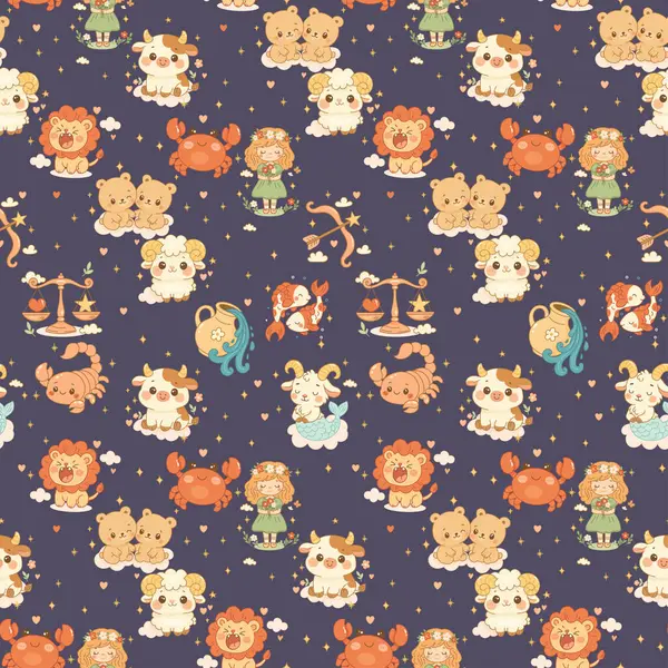 On iki zodyak işaretinin hepsinin tuhaf ve pürüzsüz deseni koyu bir arka planda çocuk dostu çizgi film tarzında..