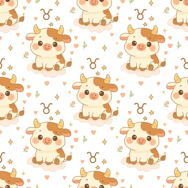 Boğa burcunun kusursuz deseni. Yıldızlar ve kalplerle çevrili bir bulutun üzerinde oturan sevimli bir yavru karikatür..