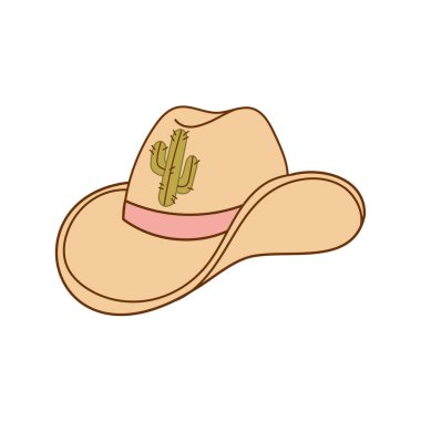 Yeşil kaktüs nakışlı bej bir kovboy şapkasının vektör çizimi. Batı tarzı ülke, macera ve çöl temaları için mükemmel..
