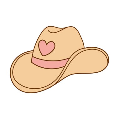 Pembe kalp aksanlı bej bir kovboy şapkasının vektör çizimi. Moda ve tarz tasarımları için sevimli ve kadınsı batı havası.