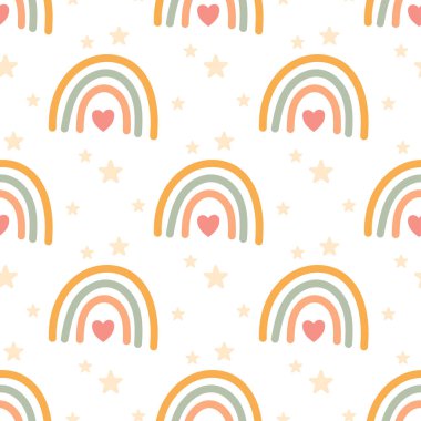 Kalpleri ve yıldızları olan neşeli gökkuşağı deseni. Bebek kıyafetleri, kağıt eşyalar ya da çocuk odası duvarları için çocuk stili..