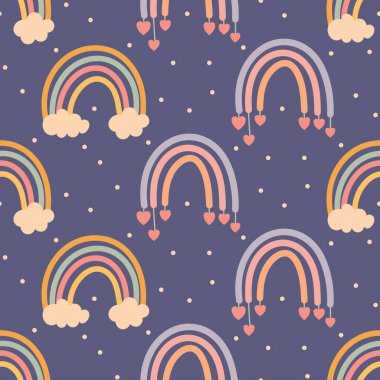 Boho tarzı tekrarlayan gökkuşağı deseni bulutlu ve koyu arkaplanda asılı kalpler. Çocuk tekstil veya kırtasiye malzemeleri için ideal.