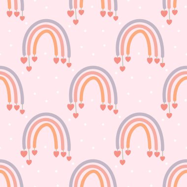 Yumuşak pembe arka planda asılı kalpleri ve noktaları olan neşeli bir gökkuşağı deseni. Bebek dekorasyonu ve bebek tekstili için mükemmel..
