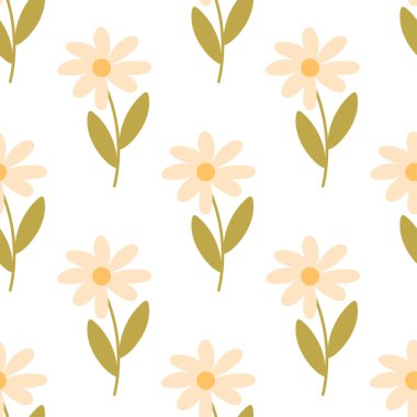 Yumuşak sarı ve yeşil tonlarda el yapımı papatya çiçekleri olan, pürüzsüz, şirin bir arka plan. Tekstil, çocuklar ve çocuk tasarımı için ideal..