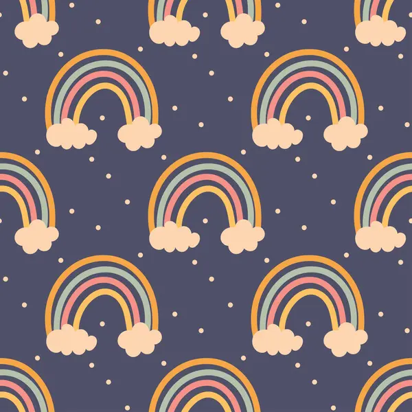 Koyu donanma arka planında yumuşak bulutları olan hoş bir gökkuşağı deseni. Çocuk tasarımları, pijama ve hediye paketi için harika..