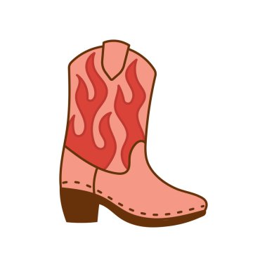 Kalın kırmızı alevleri olan batılı pembe çizmeler. Ülke modası veya festival tarzı için ikonik ve gergin ayakkabı çizimleri.