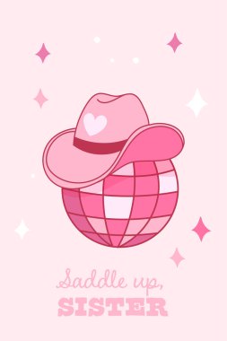 Pembe disko topu kalp süslemeli kovboy şapkası takıyor ve üzerinde 