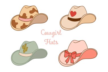 Kalpli, yaylı, kaktüslü ve kamuflajlı dört renkli batı şapkası koleksiyonu. Kadın kovboy moda grafiği.