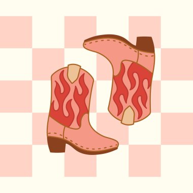 Kırmızı ateş kovboylarının stilize edilmiş çizmeleri yumuşak kırmızı dama tahtası arka planına yerleştirilmiş. Batı ve moda tasarımı.