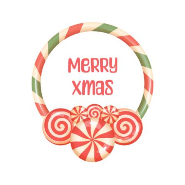 Naneli süslemeleri ve koyu renkli Xmas yazısıyla dairesel şeker kamışı posteri. Kutlama kartları ve kış tasarımları için harika..