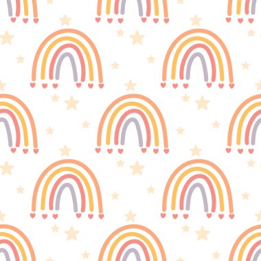 Sevimli gökkuşağı deseni. Asılı kalpler ve pastel tonlarda yıldızlar. Çocuk odası, çocuk dekorasyonu ve tekstil için harika..