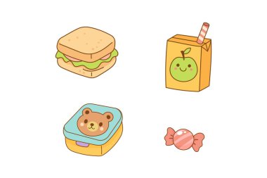 Okul atıştırmalıkları sandviç, meyve suyu, şeker ve yemek kabı, eğitim ve tasarım projeleri için mükemmel..