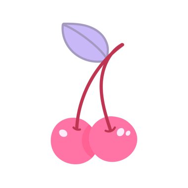 Mor yapraklı bir çift pembe kiraz. Tatlı asgari vektör, yemek simgeleri veya kız temaları için harika.