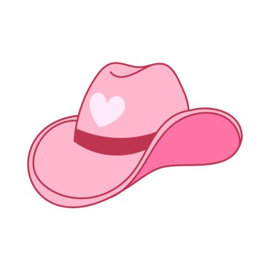 Kalp sembolü ve kırmızı bantlı parlak pembe kovboy şapkası. Kadınsı, neşeli, kız gibi batı temaları için mükemmel..