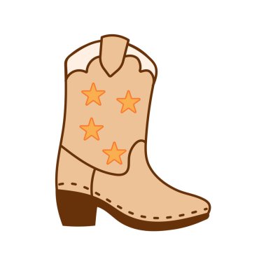 Turuncu yıldızlı, deniz taraklı kovboy çizmesi. Rodeo ve Vahşi Batı temaları için batı moda illüstrasyonları.