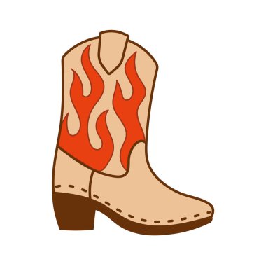 Sıcak kırmızı alevler içeren stilize batı çizmeleri. Cesur kovboy kız modası veya vahşi rodeo temaları için göz alıcı vektör çizimi.