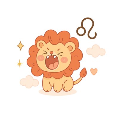 Enerjik Leo Zodyak karakteri çizgi film kahramanı tüylü yeleli yavru aslan, yıldızlarla dolu bulutlarda kükrüyor..