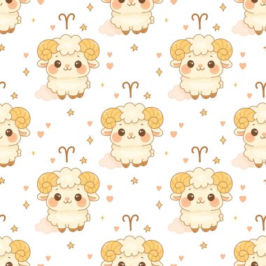 Karikatür koyunları bulutların üzerinde, yıldızlar ve yumuşak renklerde kalplerle çevrili Aries Zodyak 'ın tekrarlanan deseni.