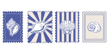 Eski deniz kabuğu çizimlerini içeren resimli posta pulları, Akdeniz yaz seyahatleri temaları ve deniz nostaljisini çağrıştırıyor.