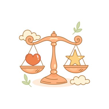 Sevimli Terazi burcu burcu, üzerinde kalp ve yıldız tutan teraziler var. Yumuşak çizgi film tarzı adalet ve ahengi temsil eder..