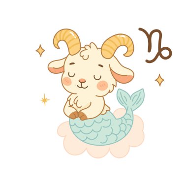 Tapılası Oğlak burcu, Pastel Kawaii tarzında deniz kızı kuyruklu bir keçinin çizimi. Işıltılı çocuk dostu tasarım.