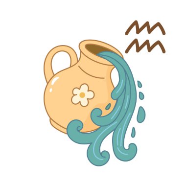 Cute Aquarius zodiac symbol featuring pastel yellow water jug pouring blue waves, in soft and playful kawaii design with sparkles.