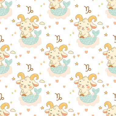 Kawaii deniz keçisi formunda Oğlak burcu işareti içeren kusursuz tekrarlanan desen. Yumuşak renkler, yıldızlar ve kalpler dahil.