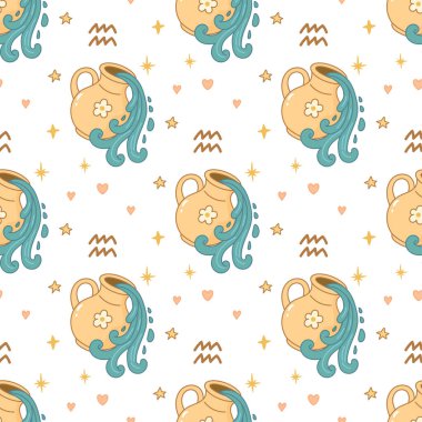 Seamless cartoon style pattern of Aquarius zodiac sign with yellow jug pouring blue water. Cute and dreamy design for kids.