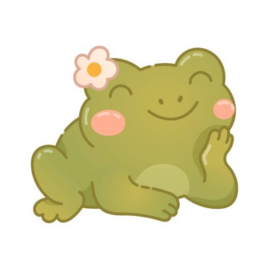 Papatya ve pembe yanaklı büyüleyici çizgi film kurbağası doğal ve pamuk estetiği olan şirin kozicore tarzıyla çizilmiş..