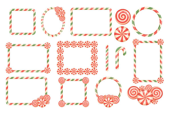 Набор красных и зеленых полосатых рамок из леденцов, круглых сладостей и леденцов. Перфект для рождественских рисунков и открыток.