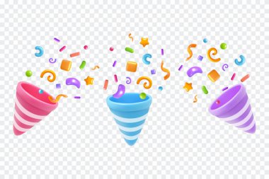 Üç çizgili parti patlatıcısının gerçekçi 3D 'si şeffaf arka planda canlı konfeti ve neşeli elementlerle patlıyor..