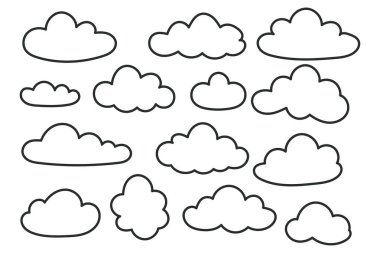 Temiz siyah çizgileri olan minimalist karikatür şekilleri. Hava durumu, tasarım veya çocuk temaları için el çizimi vektör ögeleri.