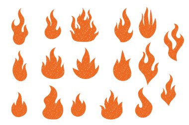 El yapımı tebeşirle boyanmış turuncu alev simgeleri. Grunge sıcak tasarım, ateş teması ya da çizgi film elementleri için ayarlandı.