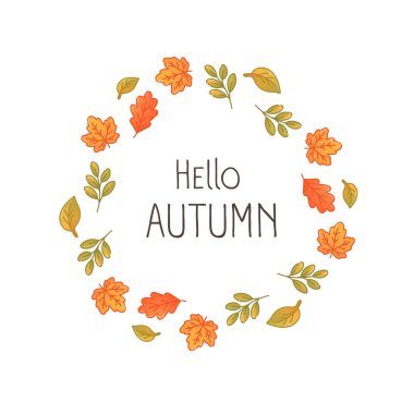 Yuvarlak yaprak çelengi ve hoş ve rustik renk paletiyle Hello Autumn mesajı ile kartpostal tarzı sonbahar illüstrasyonuName.