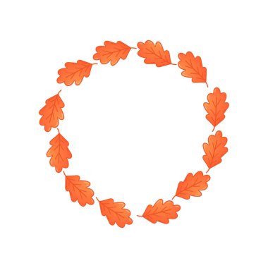 Turuncu meşe yapraklarından yapılan stilize sonbahar çelengi mevsimlik dekorlar, kartlar veya pamuk çerçeveler için ideal bir daire şeklinde dizilmiştir..