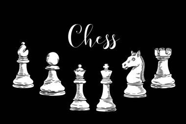 Siyah arka planda zarif satranç unvanına sahip beyaz el yapımı satranç taşları. Oyun veya markalaşma için yüksek karşıtlık tasarımı temizle.