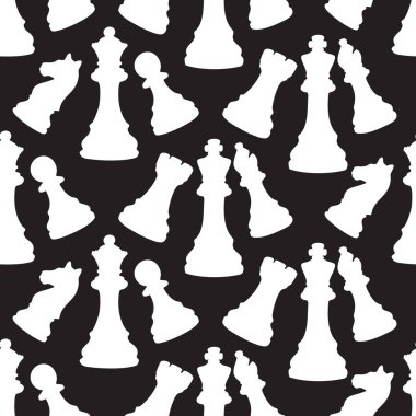 Siyah dikişsiz arka planda satranç taşlarının kalın beyaz siluetleri. Yazdırma, web ve oyun kaynakları için göz alıcı tasarım.