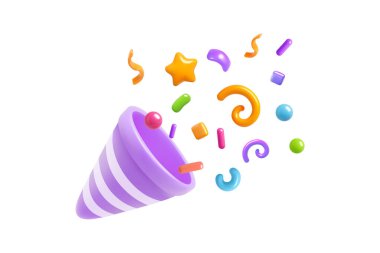 Tek bir mor parti patlayıcısının renkli üç boyutlu çizimi beyaz arka planda şenlikli konfeti ve kıvrımlı şekiller ile patlıyor..