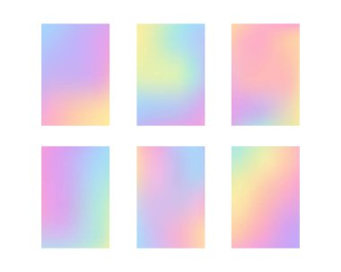 Yanardöner gökkuşağı tonuna sahip 6 pürüzsüz pastel gradyan koleksiyonu, dijital tasarım, UI elementleri veya yaratıcı markalaşma için ideal.