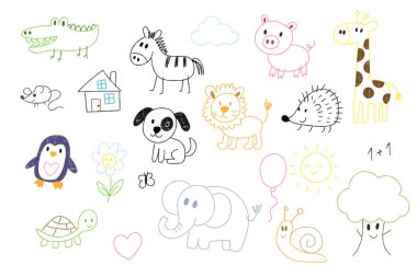 Canlı pastel boya tarzı karalama hayvanları ve doğa elementleri koleksiyonu, çocukların dekorasyonu, eğitimi ve yaratıcı projeler için idealdir..