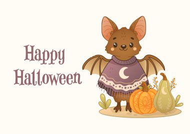 Boho tarzı Cadılar Bayramı kartı. İçinde kawaii yarasası ve balkabağı ve su kabağı var. Sonbahar tatilleri için sıcak ve rahat basılabilir..