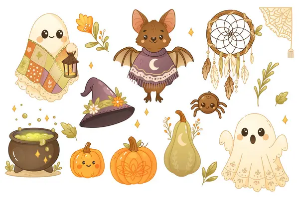 Şirin boho Cadılar Bayramı koleksiyonunda hayalet, yarasa, kazan, balkabağı, düş kapanı ve yumuşak renklerde sıcacık sonbahar elementleri.