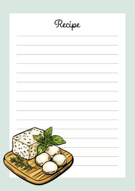 Elle çizilmiş Akdeniz peyniri, fesleğen, mozzarella ve bitkilerle dolu boş vektör tarif kartı. Mutfak damgası ve parmak izi için ideal..