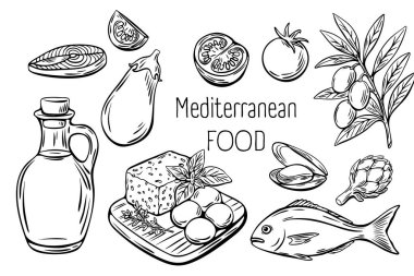 Üzerinde peynir, balık, yağ ve sebzeler içeren siyah-beyaz Akdeniz yemekleri işlenmiş. Paketleme veya menüler için ideal.