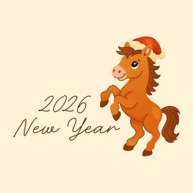 Cartoon pony wearing Santa hat rearing up with handwritten 2026 New Year text, on warm beige background for seasonal greetings.