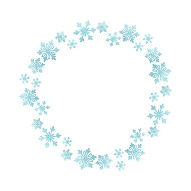 Delicate circular frame made of blue snowflakes on white background, perfect for winter designs, cards, or seasonal borders.